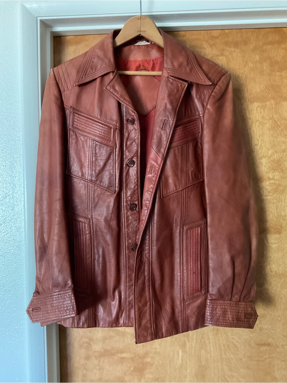Men's Vintage Red Brown Leather Button Jacket Size 40
